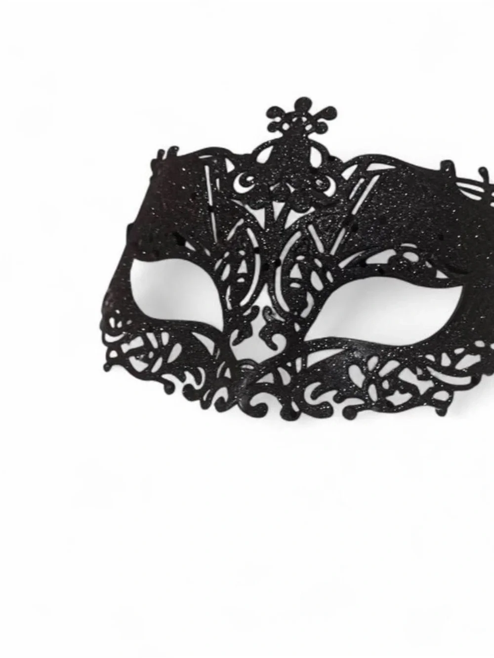 Black Glitter Masquerade Mask with Ornate Filigree Damask Die Cut Design